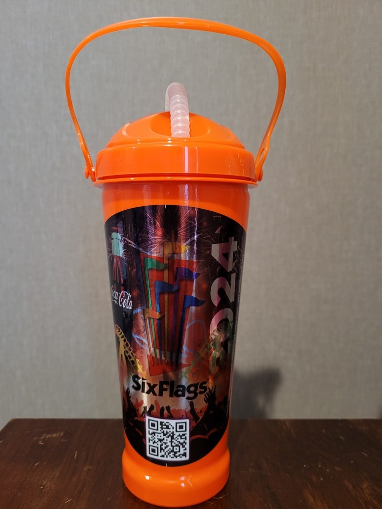 SIX FLAGS Orange Ccoca Cola Cups W/ Handle & Straw 2024