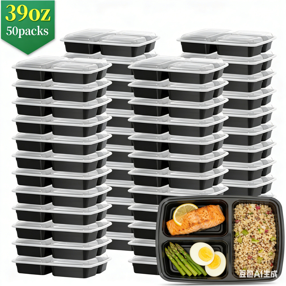 50Packs 39oz 3-Compartment Containers Leakproof Stackable Takeout/Picnic