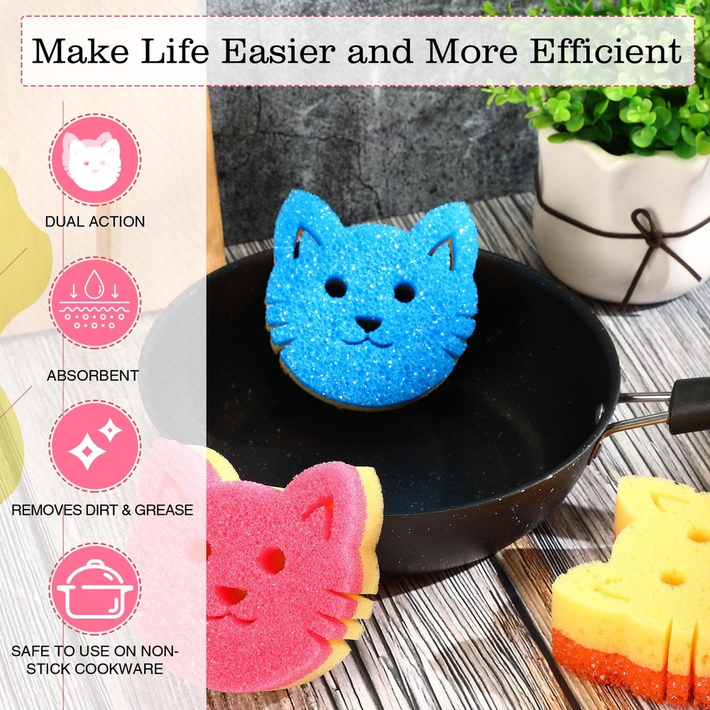 3 Pcs Dual Sided Scrub Sponge Multi Functional Cute Temperature Sensitive