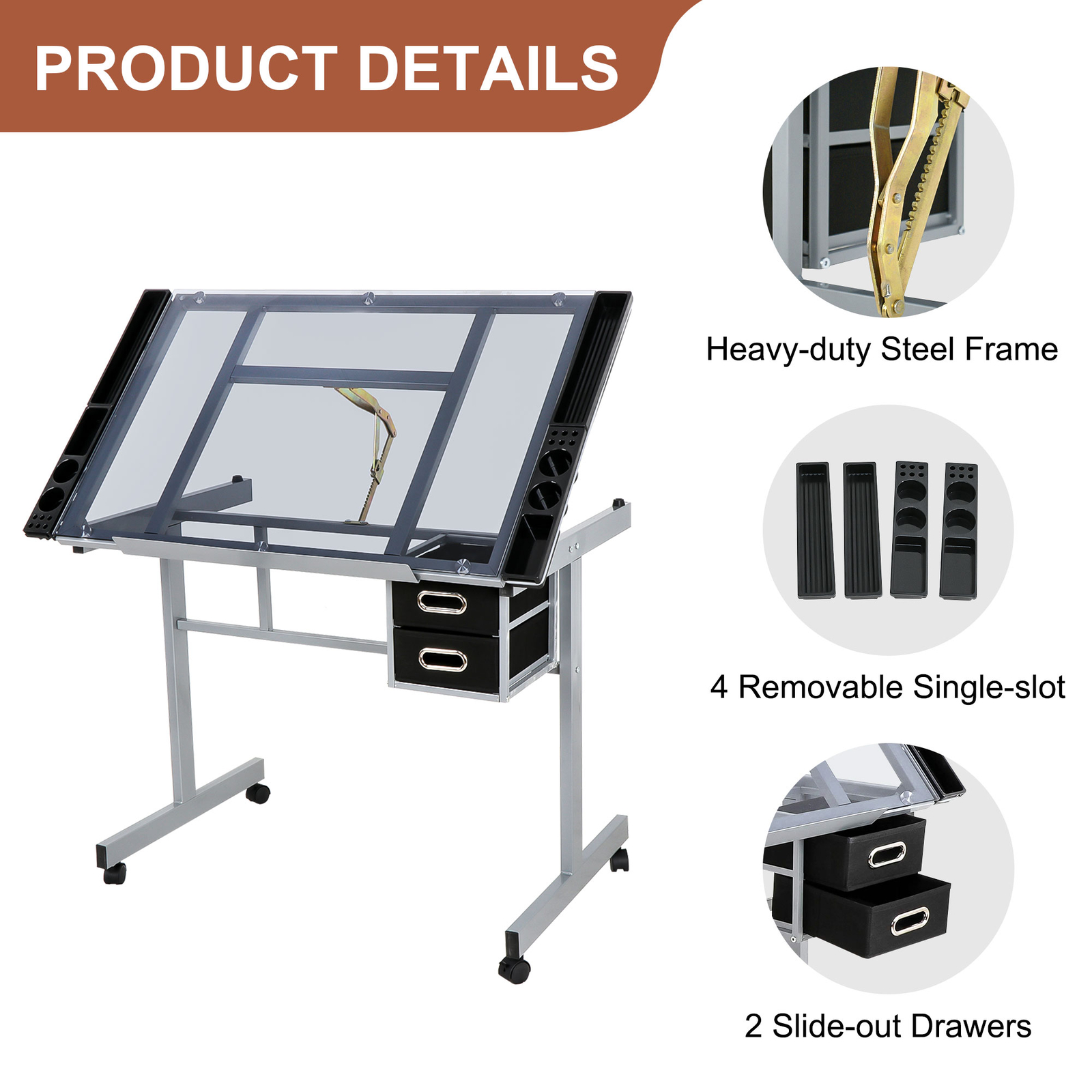 Rolling Drawing Drafting Table Tempered Glass Desktop Saving Space for Work