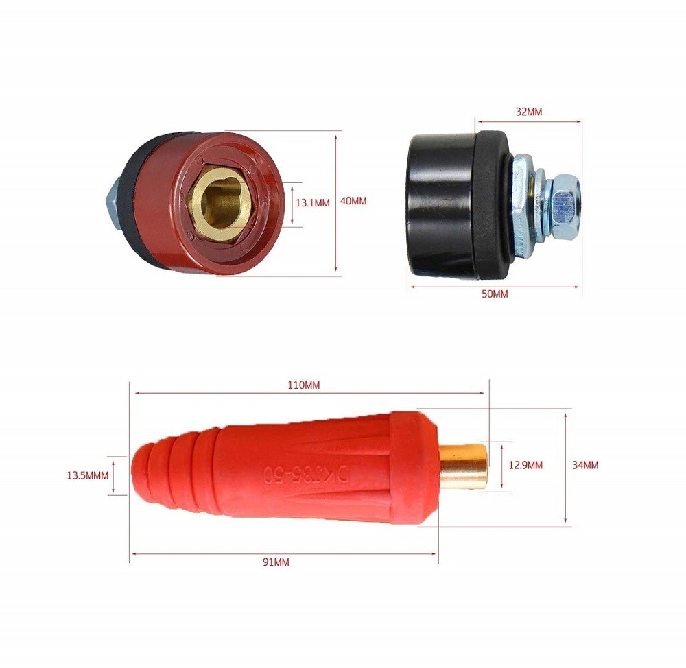 TIG Welding Cable Panel Socket DKZ35-50 315Amp Quick Fitting Dinse Black Red 4pk