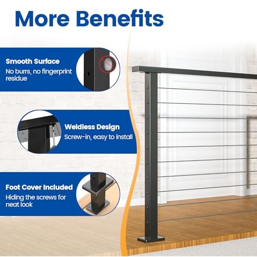 Black Cable Railing Post 36 Inch 36"x2"x2" Level Drilled Surface Level post