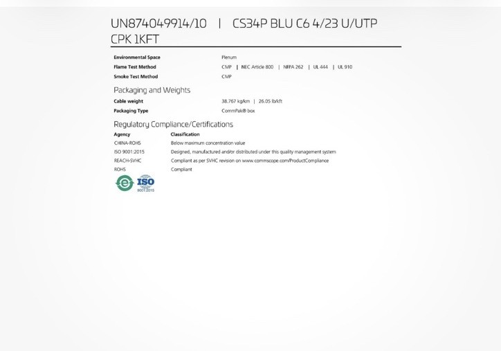 Commscope CS34P 23/4P Cat6 U/UTP WebTrak Plenum CMP Network Cable Blue /100 Ft