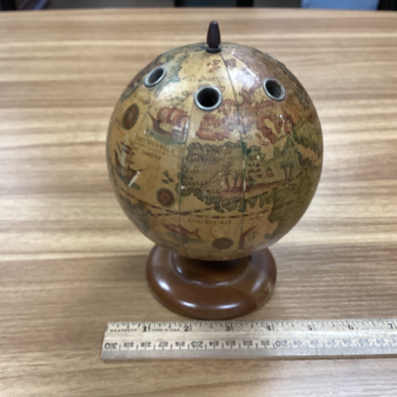 Vintage Wooden Earth Globe Pencil Pen Holder 4.5" Tall Desk Accessory