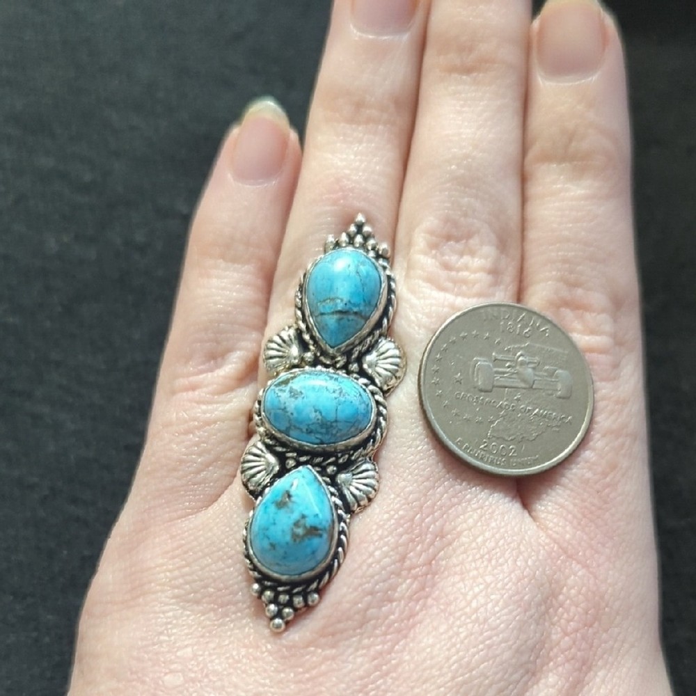 Silver Plated Chocolate Turquoise Gemstone Three Stone Statement Ring - size 6-9