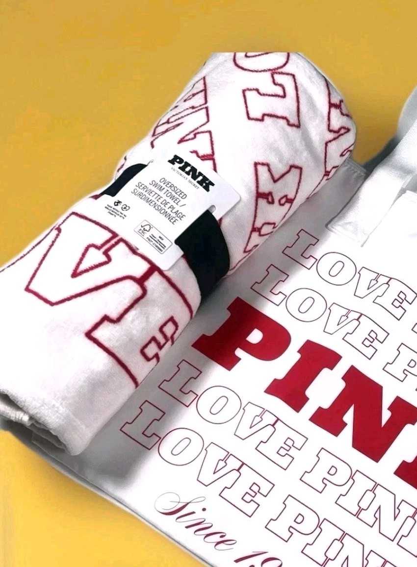Victoria’s Secret PINK Love Pink Tote Bag & Towel Set White Red Logo Set