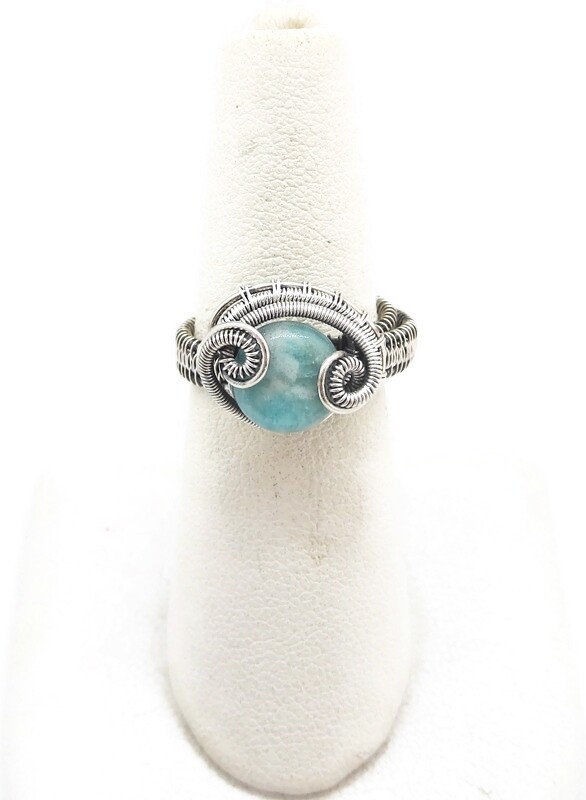 Adjustable Amazonite Wire-Wrapped Ring in Sterling Silver