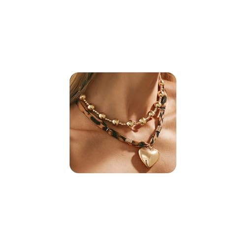 Gold Chunky Heart Necklace Sets for Women Layered Stackable Y2k Leopard Small