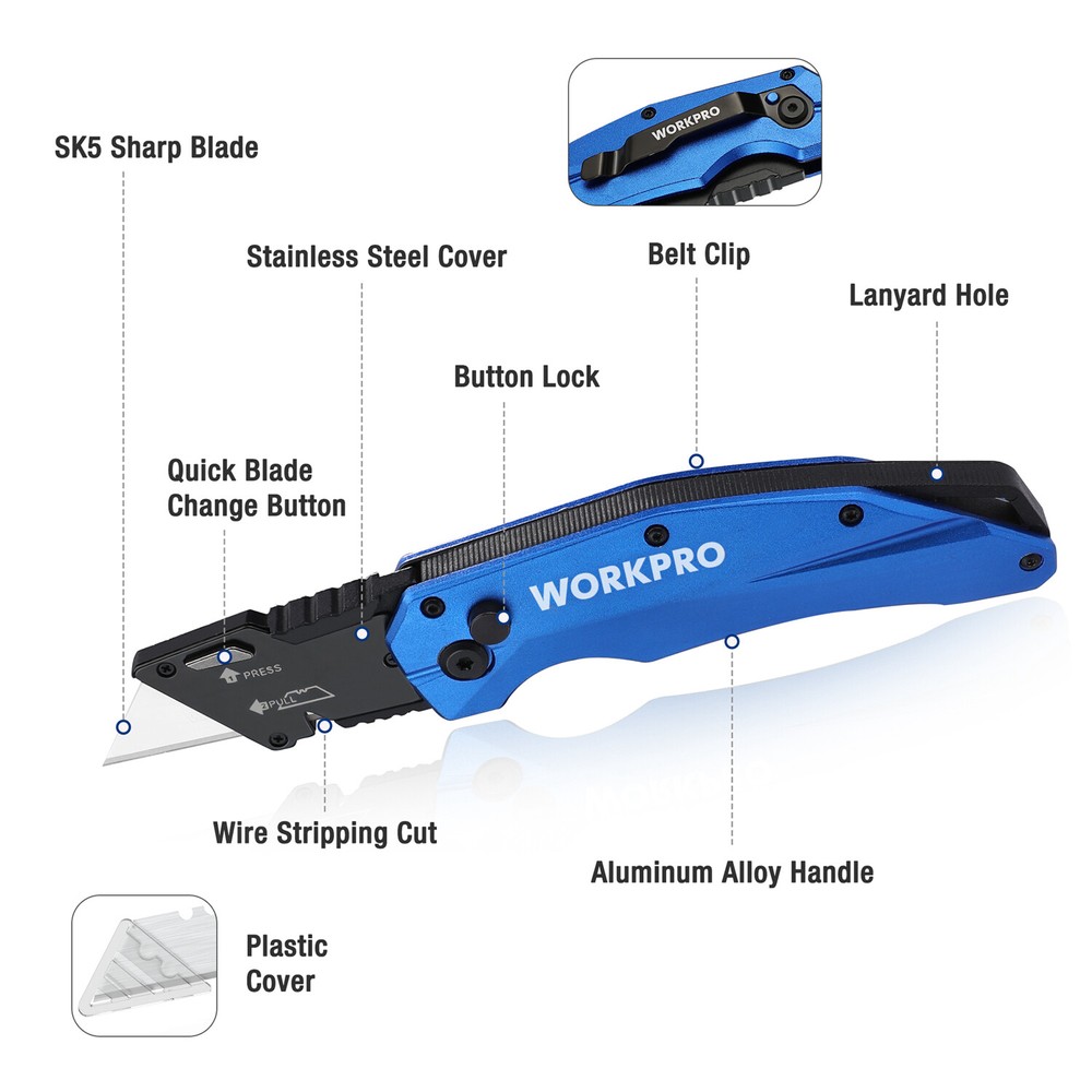 WORKPRO Heavy Duty Folding Utility Knife Quick Change Blade Razor Knife 10 Blade