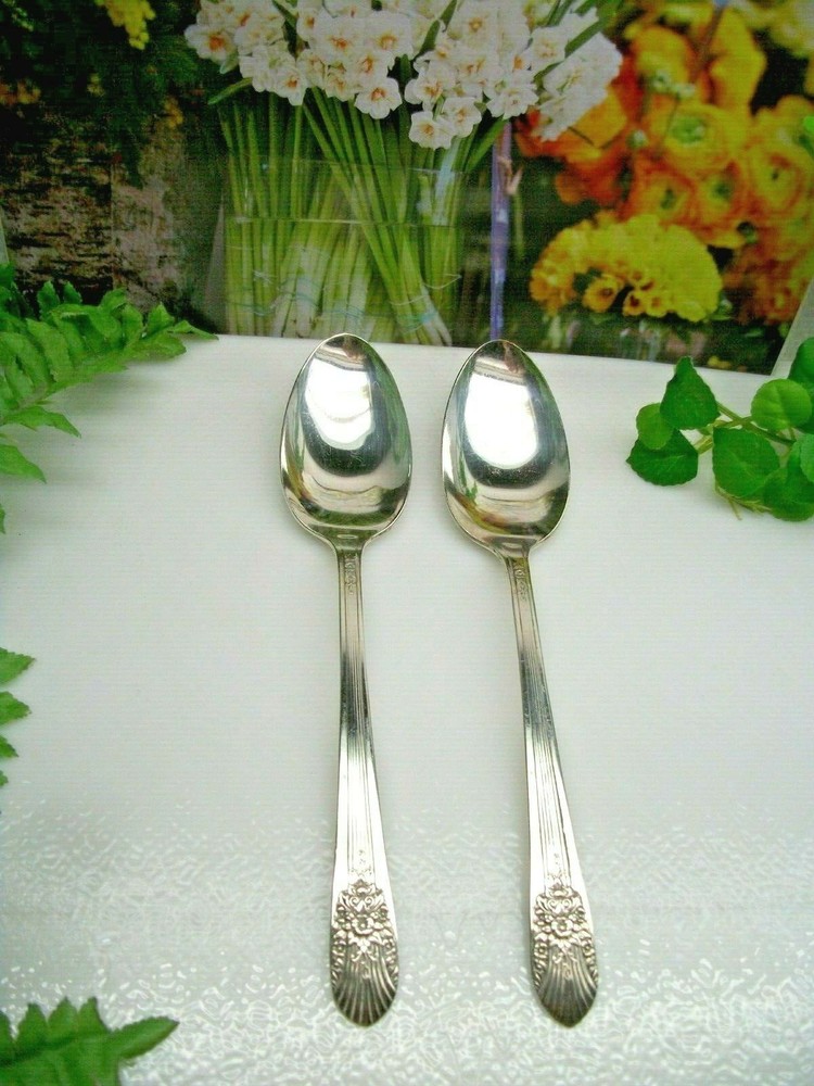 2  International  Marigold  SILVER MIST  Silverplate Solid Serving Spoons   1935