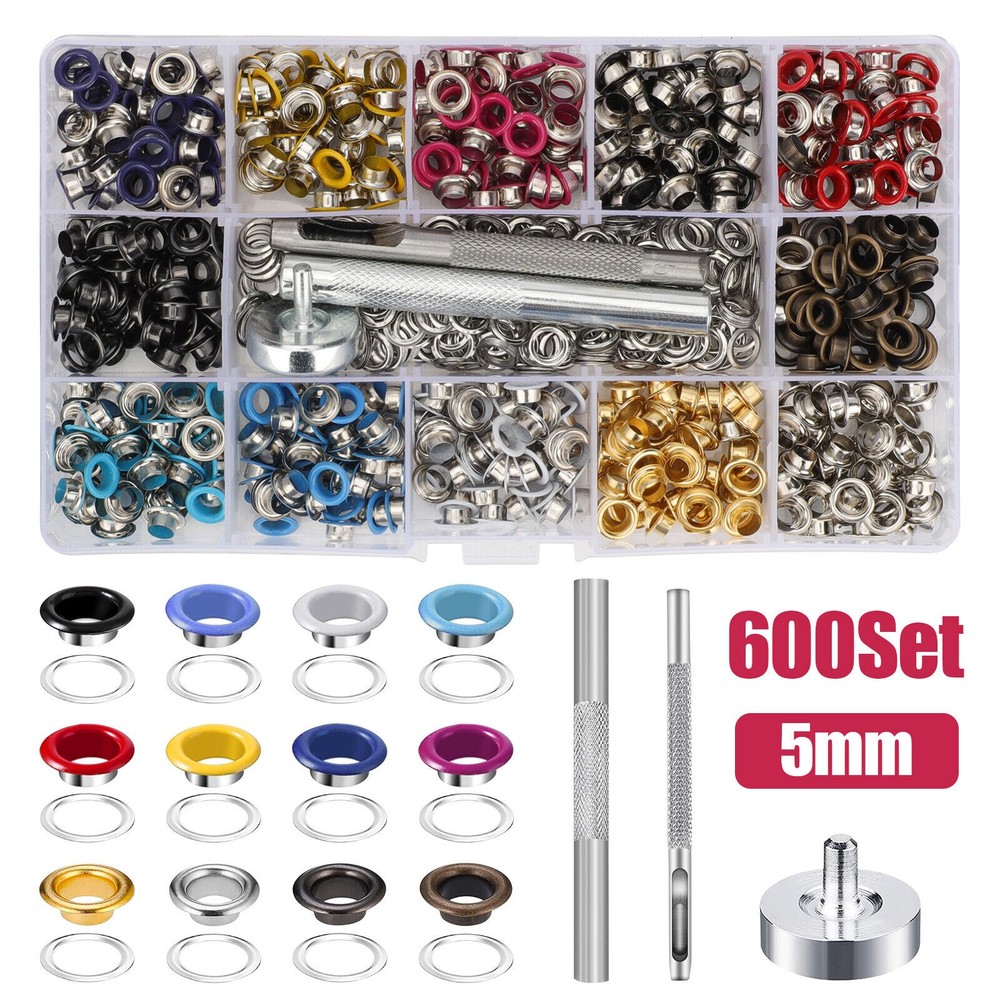 600 Set 5mm Multi-Color Grommet Eyelet Snap Fasteners Button Kit With 3PCS Tool