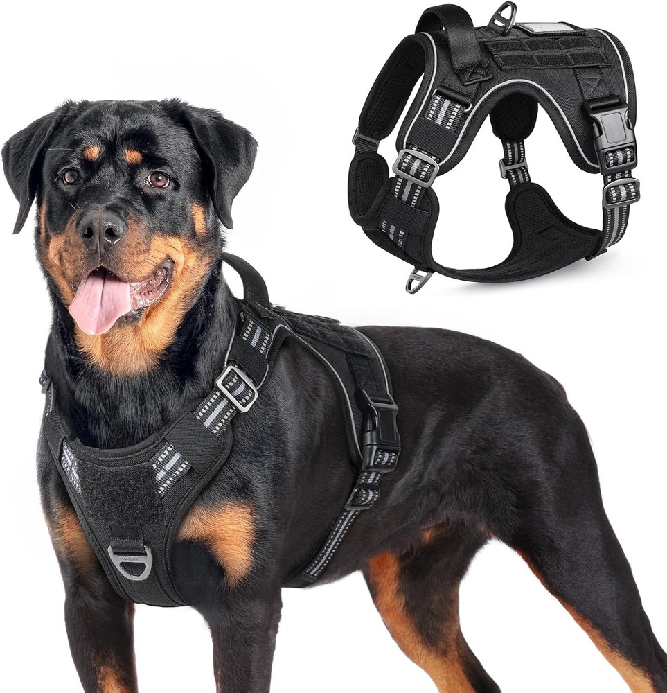 Large Breed Tactical Dog Harness, Anti-Pull Adjustable Reflective Straps, Black