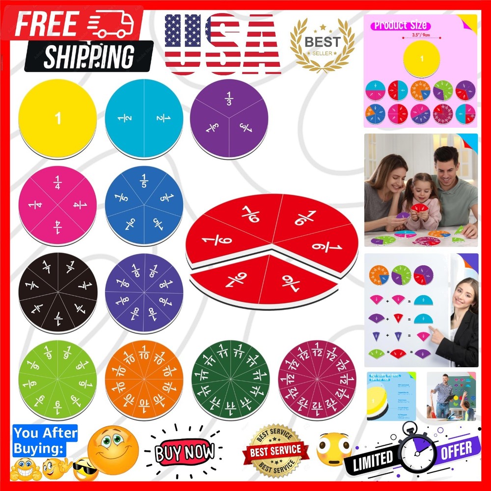 78 PCS Magnetic Fraction Tiles, Educational Math Learning Manipulatives Set f...