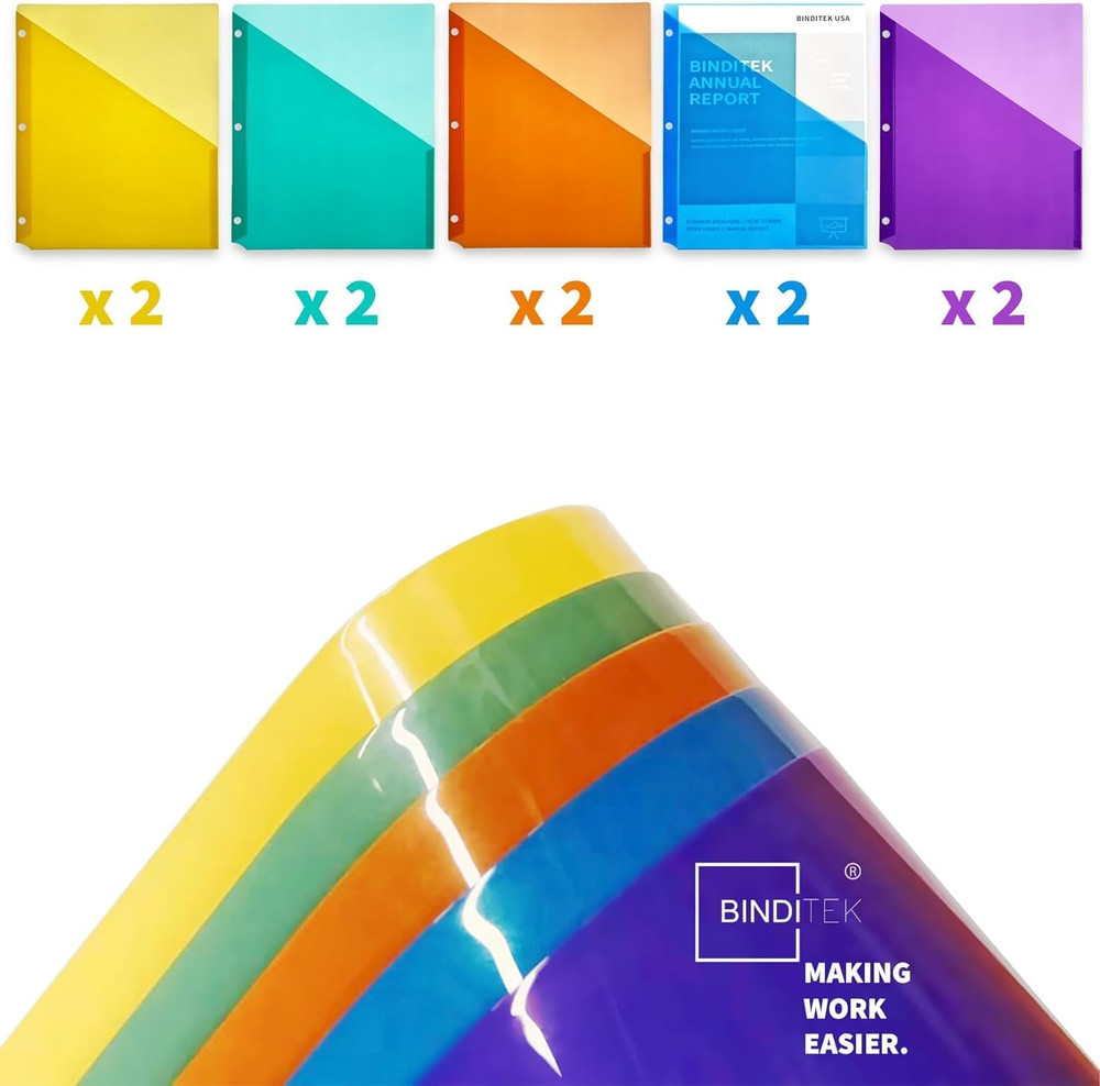 10 Pack Poly Slash File Jackets for 3 Ring Binder, 3-Hole Punched Binder Pockets