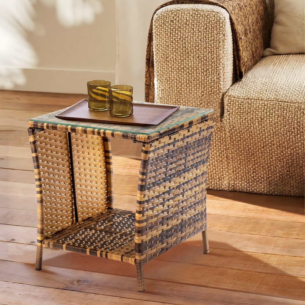 Glass Surface Yellow Gradient Iron Frame Rattan Side Table