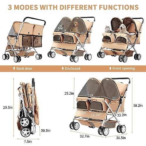 Double Pet Stroller, Foldable Stroller for 2 Dogs & Cats, Two-Seater Beige