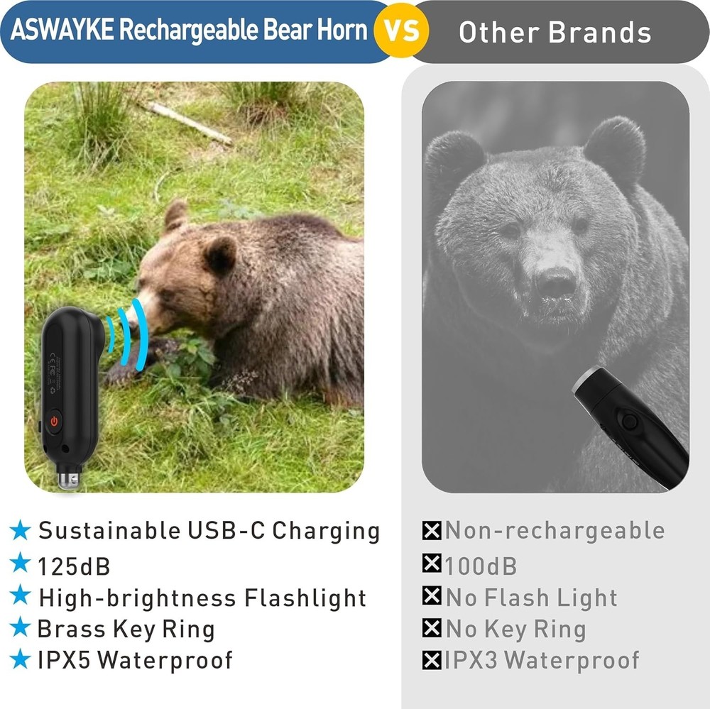 125dB Rechargeable Bear Horn, Waterproof & LED Flashlight Bear Deterrent Devi...