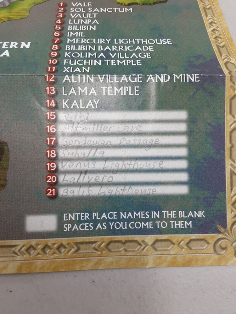 Golden Sun Double Sided Insert Map And Character List