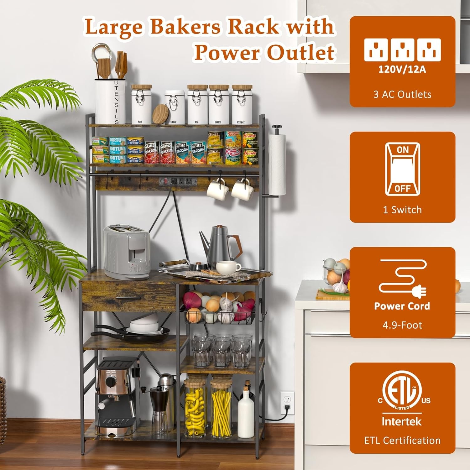 Kitchen Storage Shelf with Power Outlet, 6-Tier Adjustable with Drawer & Baskets