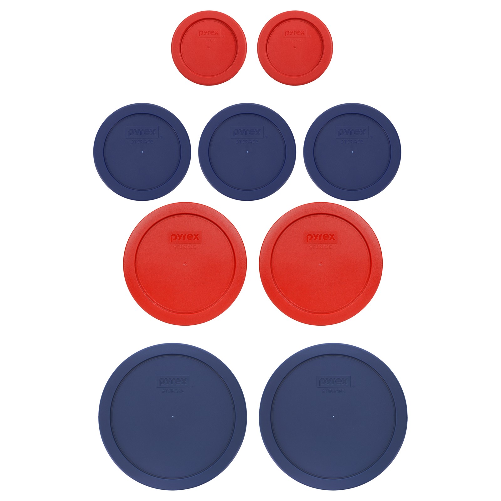Pyrex Storage Lid Set: (2) 7202-PC 1 Cup Poppy Red, (3) 7200-PC 2 Cup Blue, (2)