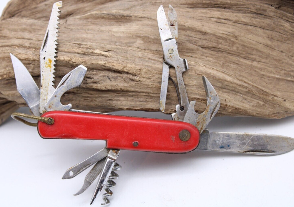 INTERPUR 2 BLADE 8 TOOLS RED PLASTIC HANDLE POCKET KNIFE 3.5" CLOSED (KB4)