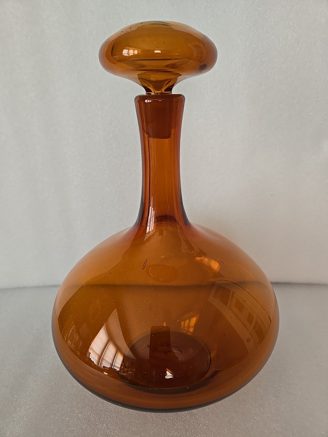 Blenko Orange Amber Glass Decanter Mushroom Stopper 14"