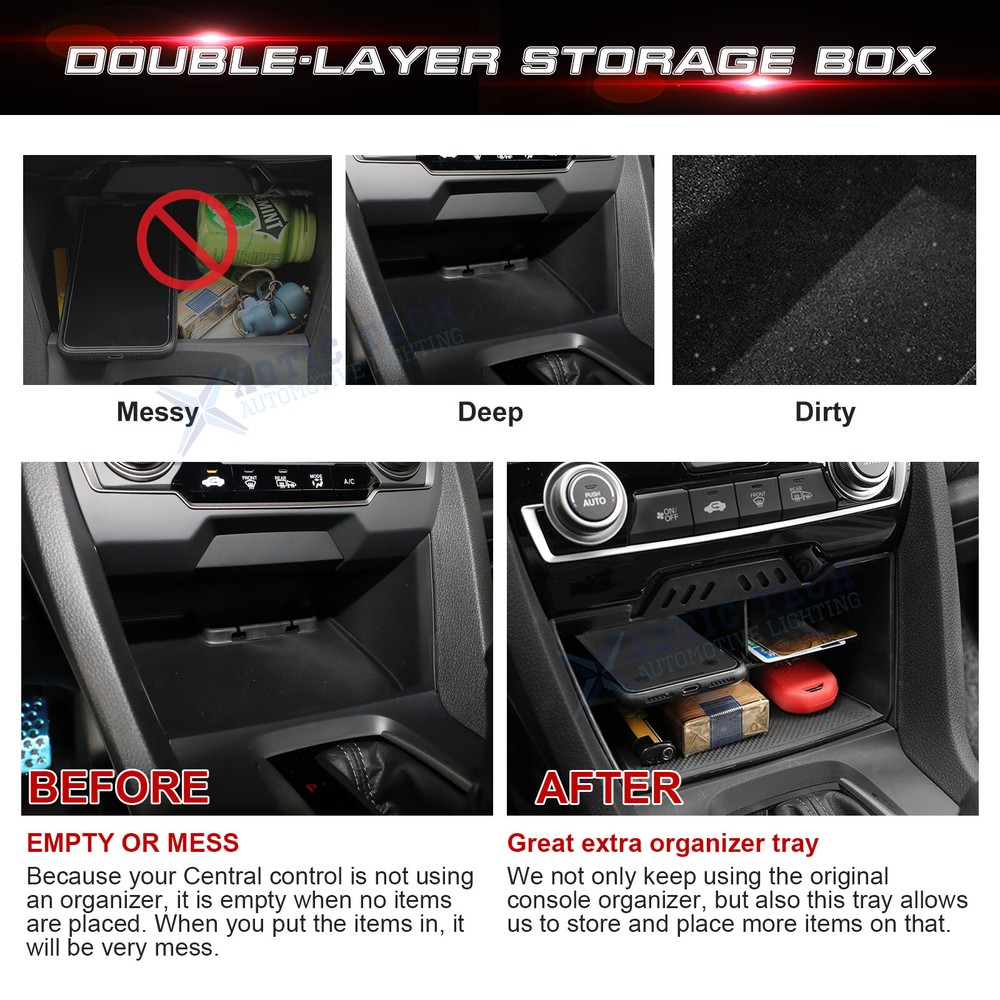 Black Console Storage Insert Divider Tray Container For Honda Civic 2016-2021