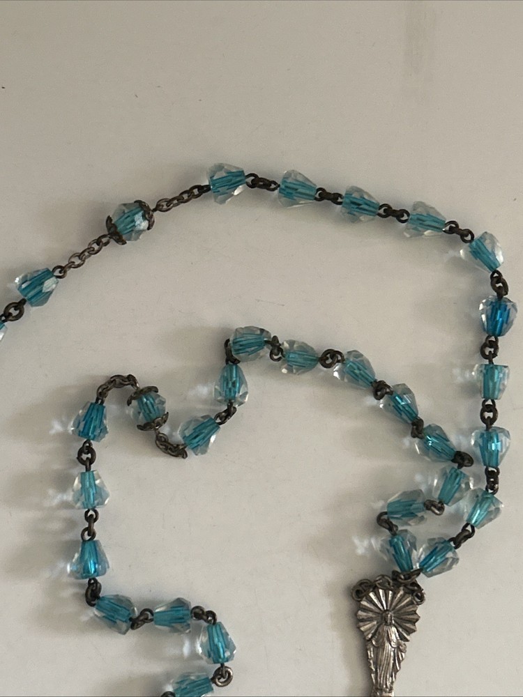 Vintage Rosary 23.5" Faceted Glass Rectangular Light Blue Beads