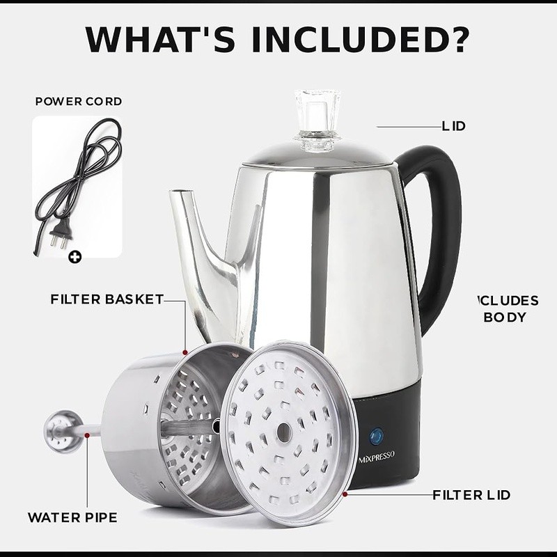 Electric 10 Cup Coffee Percolator Stainless Steel Keep Warm Function Easy Pour