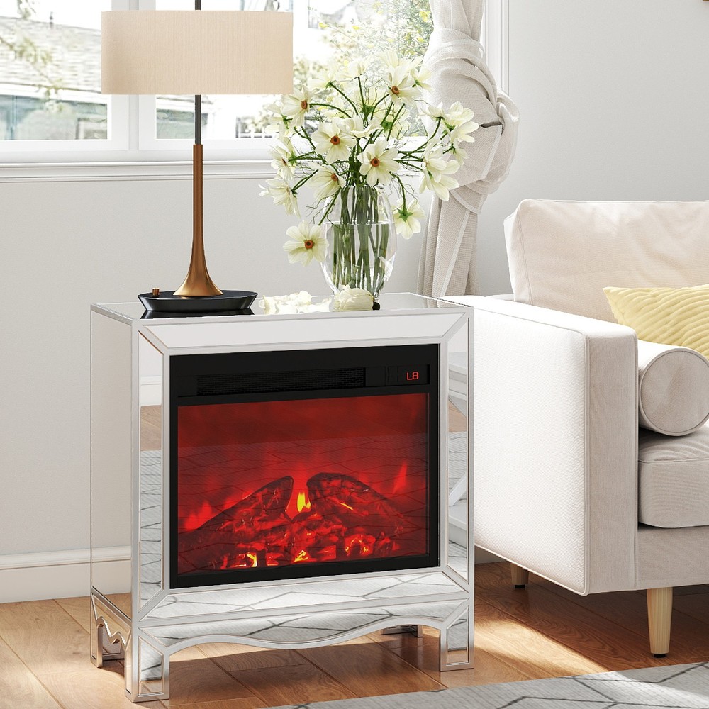 Mirrored Silver Electric Fireplace Heater End Side Table Nightstand with RC