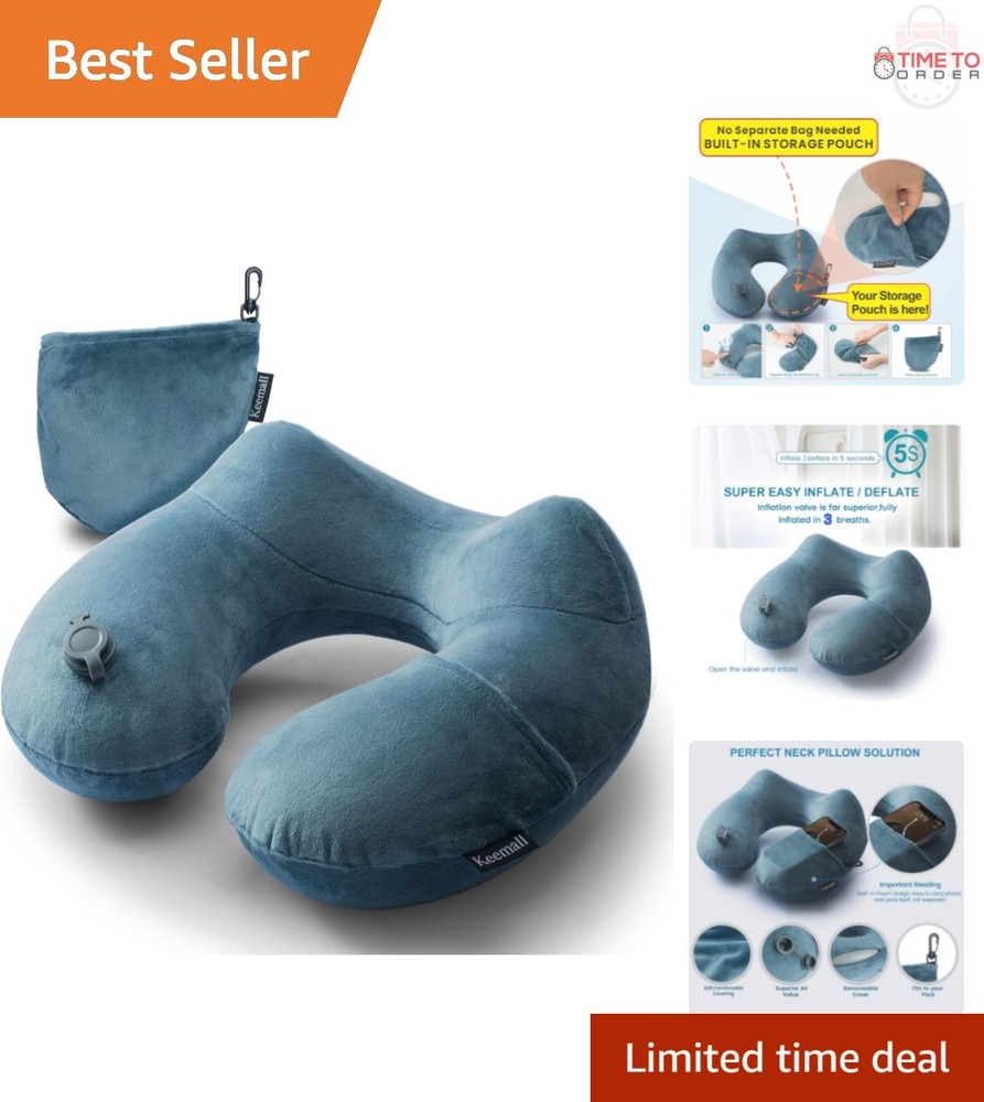 Inflatable Travel Neck Pillow Polyester Soft Support for Airplane Long Flights