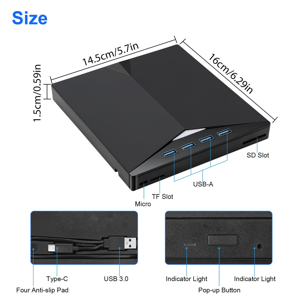 USB 3.0 External CD DVD Writer Drive Burner Reader Player for Windows 7/8/10/11