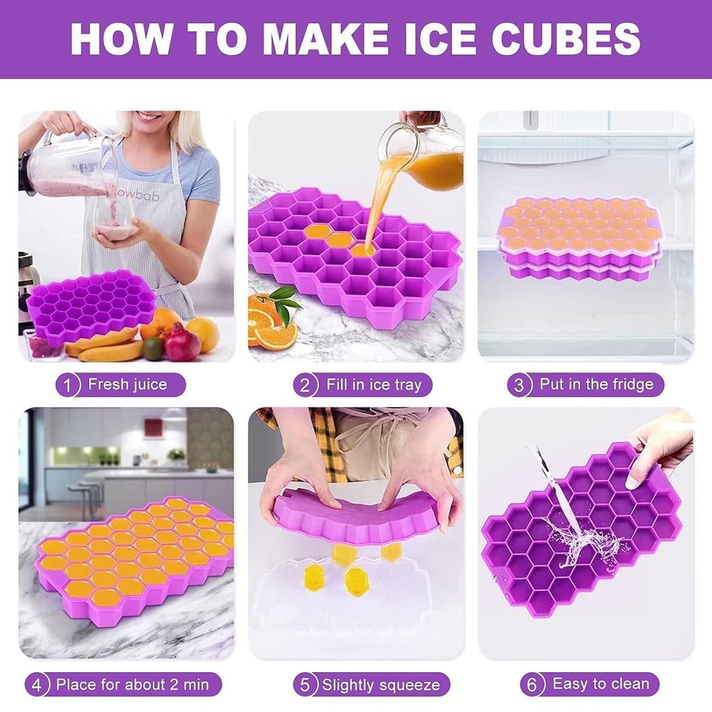 Silicone Ice Cube Trays with Lids |Hexagon Ice Molds |Easy Release & Reusable ×4