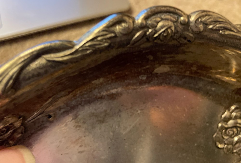 Vintage Silver Plate Roses Dish Shabby Worn Silverplate Tray