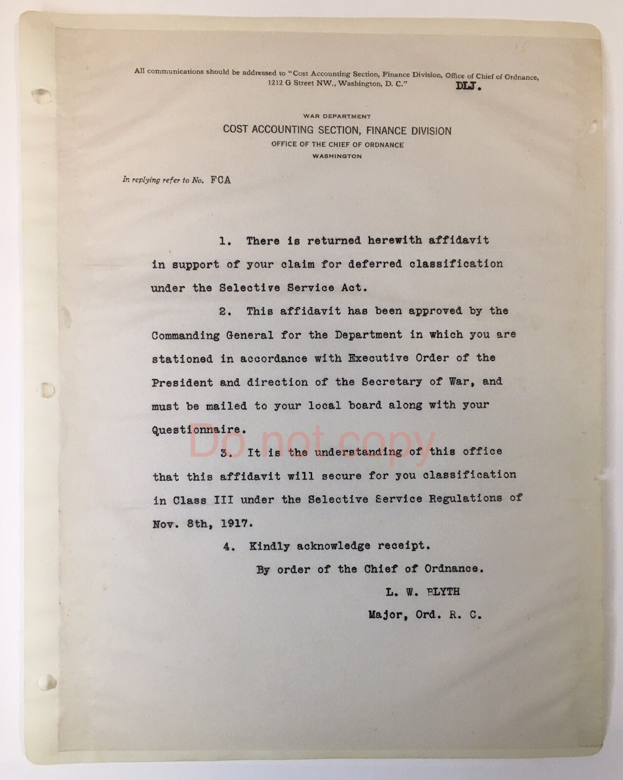 1917 WW1 War Department Office  Chief of Ordnance Selective Service Document