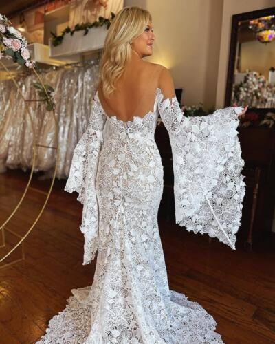 Full Lace Mermaid Wedding Dresses Long Sleeves Backless Boho Bridal Gowns