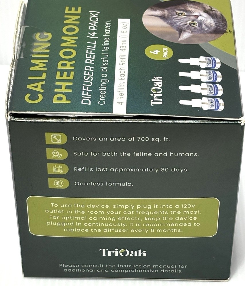 TriOak Cat Pheromone Diffuser Refill 4 Pack Calming 48ml 1.6oz Each for Cats Kit