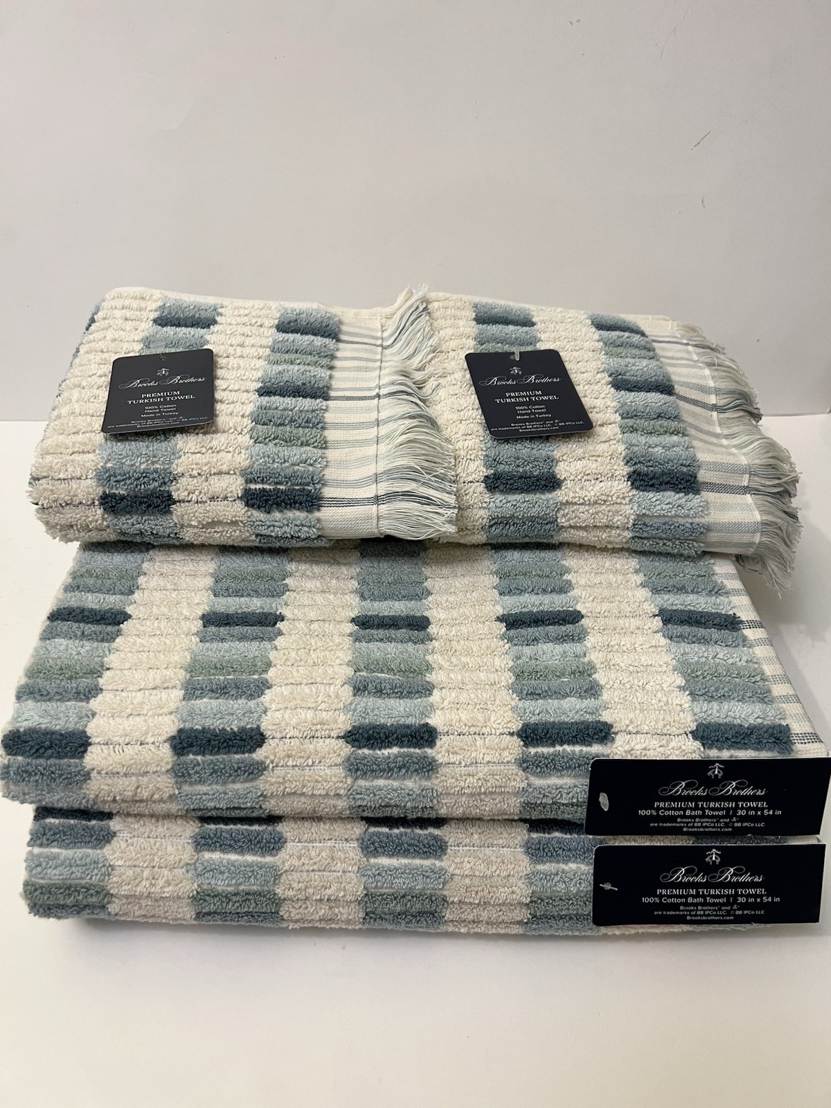 Brooks Brothers 2 Bath 2 Hand Premium Turkish Towel Set Tiles Ocean Blues Ecru