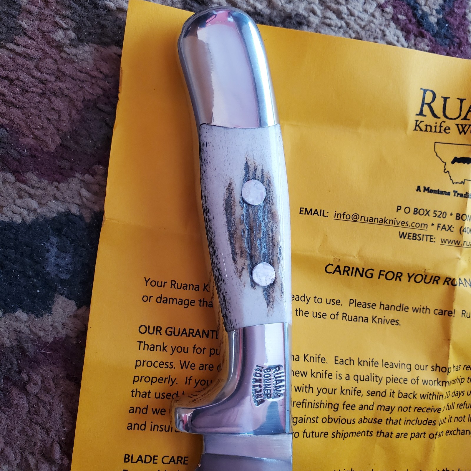 Ruana Bonner Montana Fixed Blade Hunting Knife Model #95AD with Sheath NEW Cond.