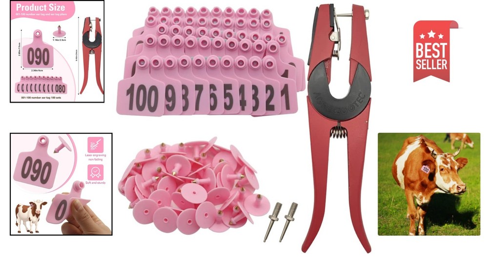 Ranch-Ready Pink Cattle Ear Tags 100 Count – Durable Tags with Applicator