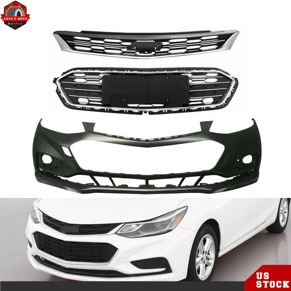Front Bumper Cover+Upper & Lower Grille Chrome For 2016 2017 2018 Chevy Cruze