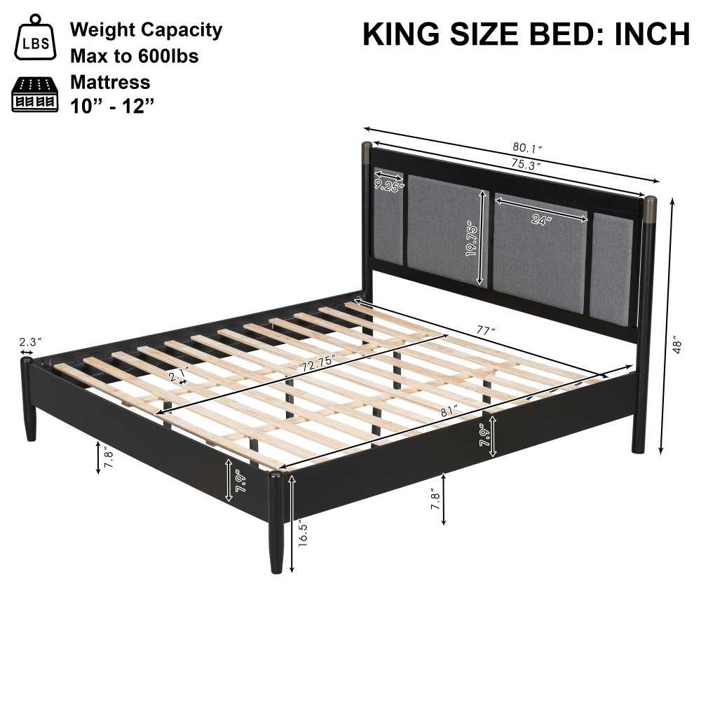 Solid Wood King Bed Frame w/ Upholstered Headboard, 600lb Support, Black