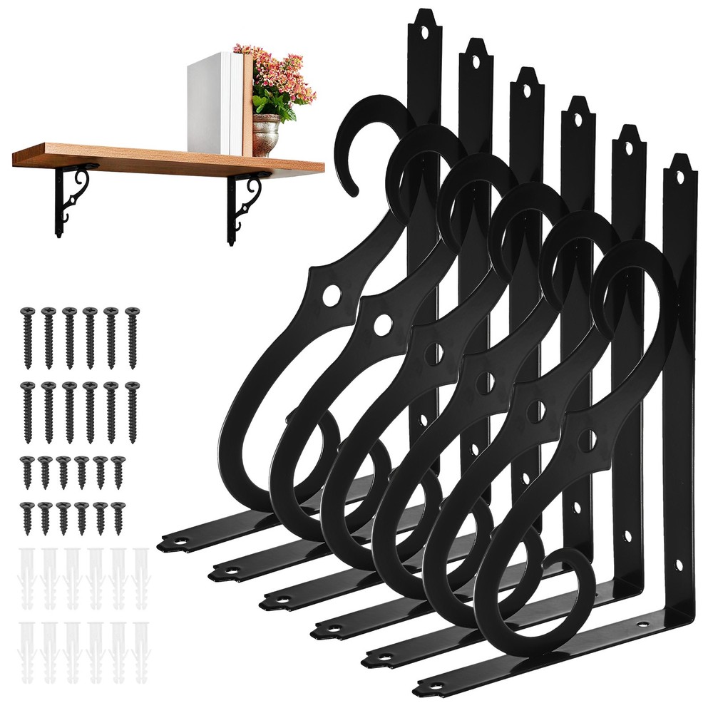 6-Pack Shelf Brackets, 10 Inch Wall Mount Shelf Support Bracket [Black]