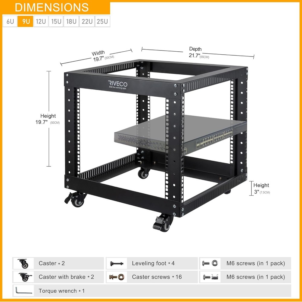 9U 19 Inch Server Rack Open Frame with Casters