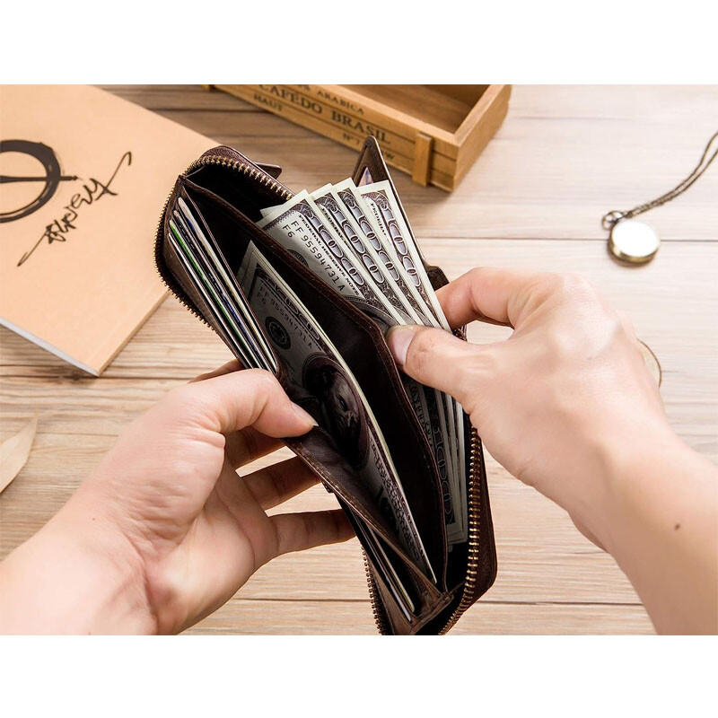 Genuine Leather Zipper Wallet Mens RFID Blocking Bifold Zip Around Card Holder