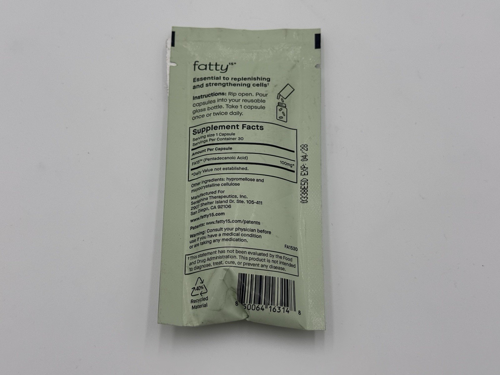 Fatty15 Pure C15:0 Pentadecanoic Acid Supplement - Gut & Liver Health - 30 CT
