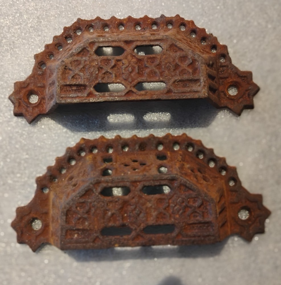 2 Pierced Design Cast Iron Bin Drawer Pulls Window Sash Pulls 4" wide