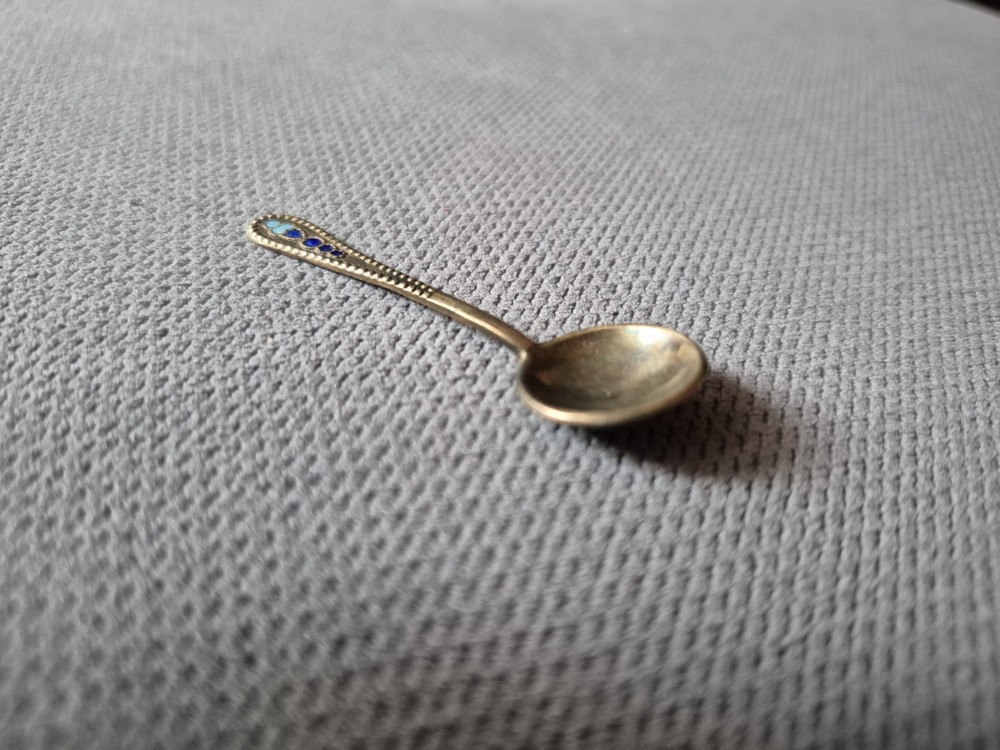 Antique Russian Enamel Mini Salt Spoon 875 Silver Marked ￼