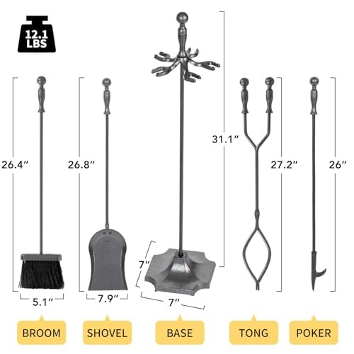 5 Pieces Fireplace Tools Set, Wrought Iron with Grey With Silver Pattern