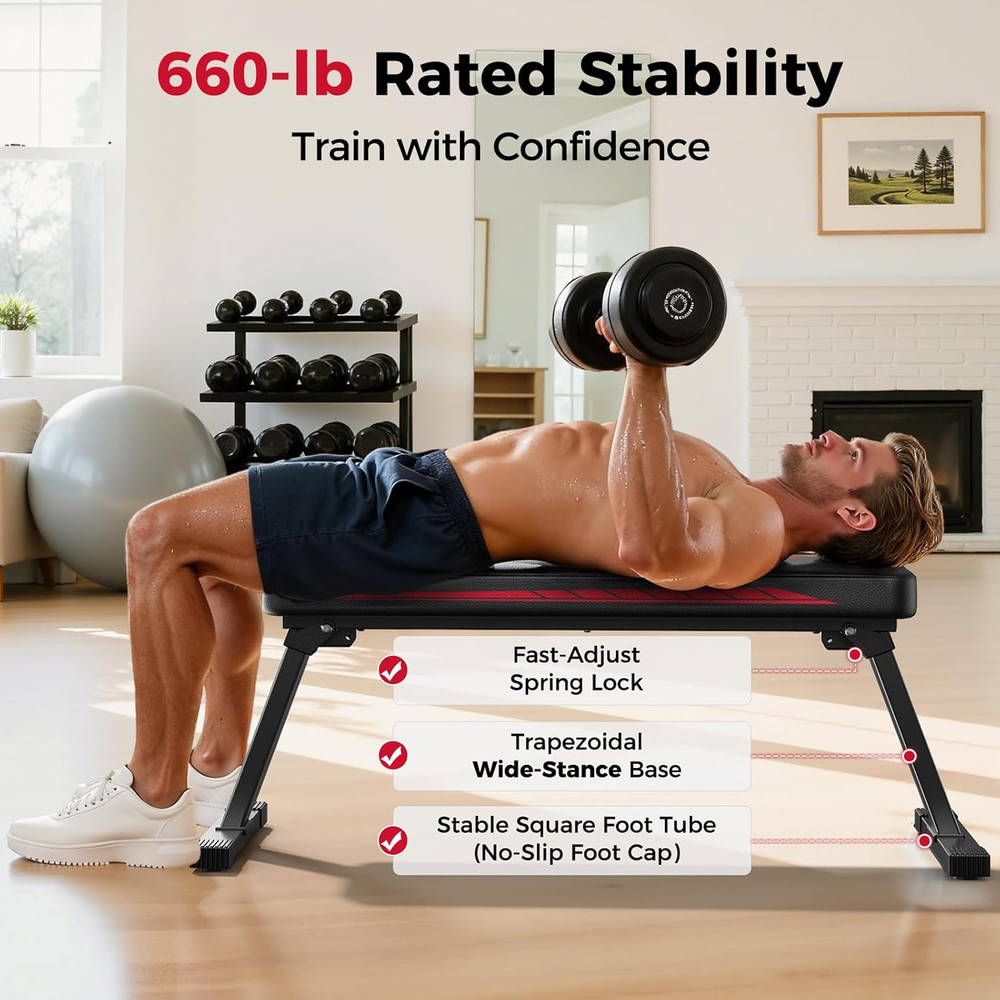 FLYBIRD Foldable Flat Weight Bench for Home Gym, Sturdy Strength Training Workou